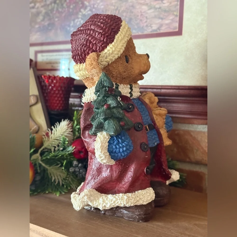Vintage 1984 Christmas Festive Bear Figurine with Red Coat and Blue Sweater